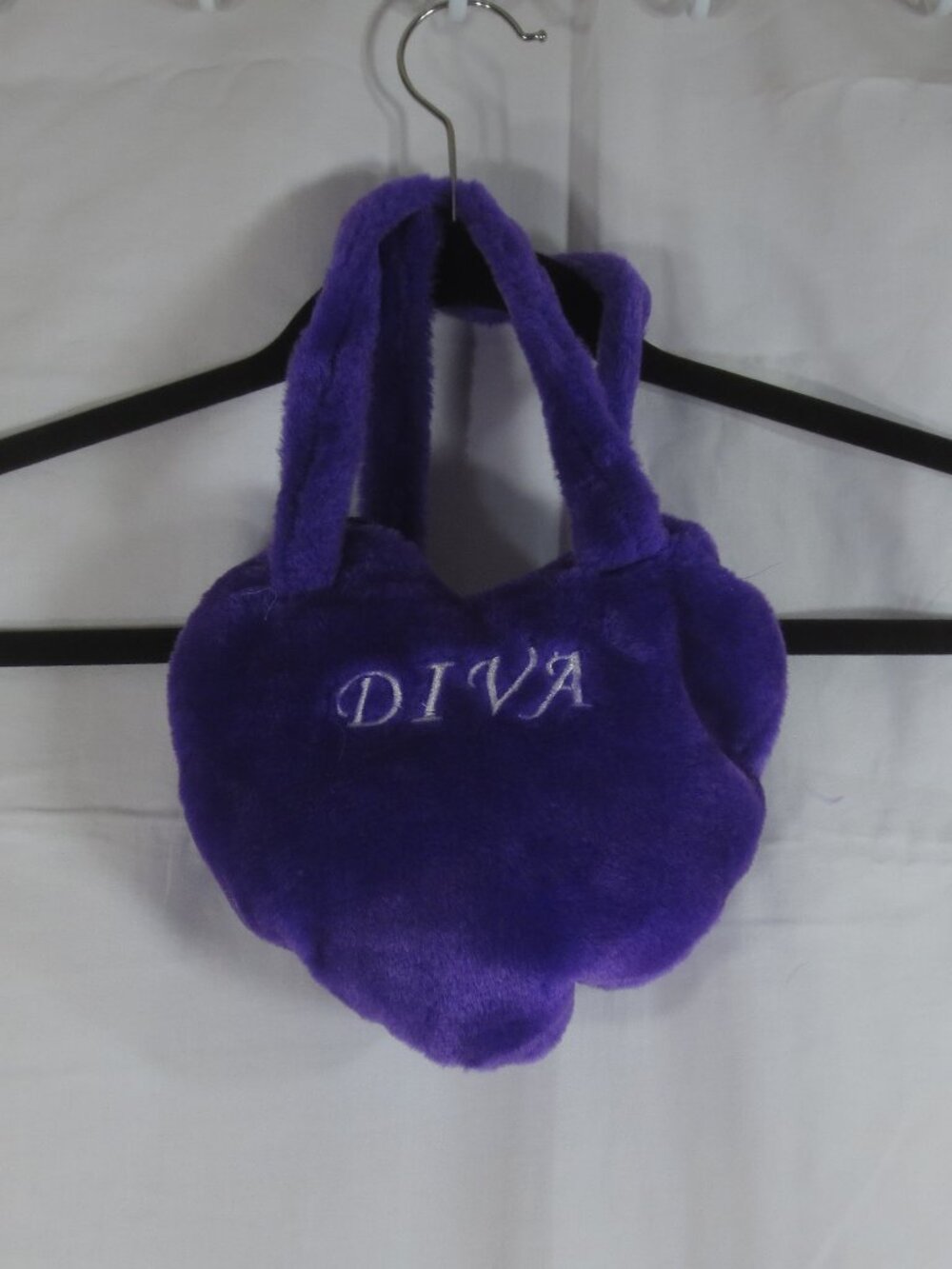 90s DIVA Bag Purple White Embroidered Fluffy Puffy Heart Furry Fabric Mini Purse